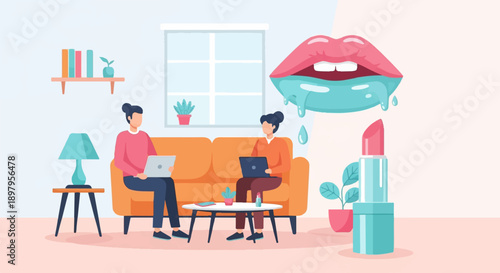 Two people work on laptops in a living room with a dripping mouth and lipstick