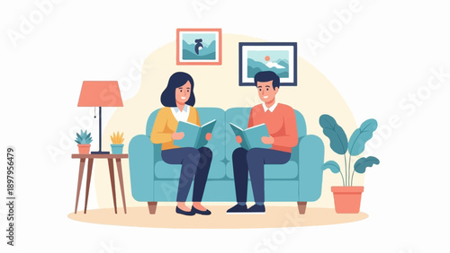 Two people sitting on a couch reading books in a living room