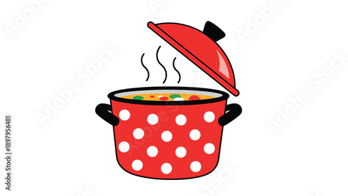 Red cooking pot with white polka dots and an open lid showing hot steaming soup with fresh vegetables.