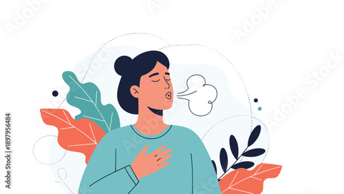 Woman practicing deep breathing and relaxation techniques for mental health and stress management at home.