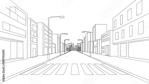 Detailed black and white architectural line drawing showing a perspective view of a city street with buildings and a crosswalk.