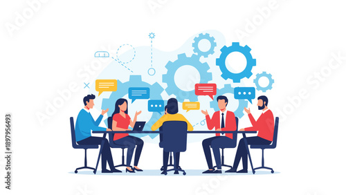 Professional team members collaborate and brainstorm ideas during a business meeting with gear icons representing teamwork.