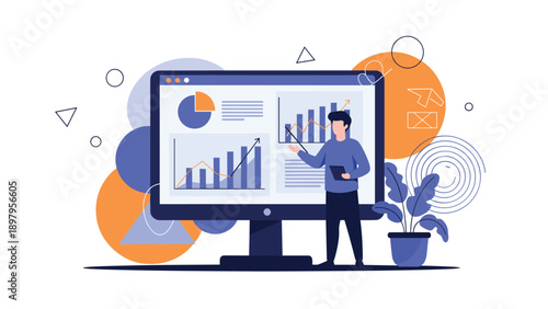 Male professional analyst presents data insights on a large computer screen featuring pie charts and bar graph visuals.