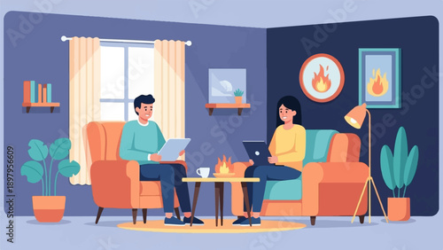 Two people sit in comfortable chairs in a cozy room, using devices near a small table with a coffee