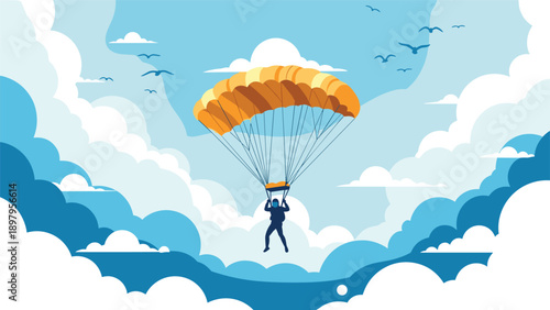 Adventurous person skydives through a beautiful blue sky filled with white clouds and flying birds with a large parachute.