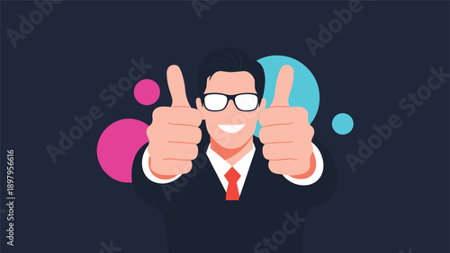 Confident businessman in a formal suit and glasses gives a double thumbs up gesture against a dark artistic background.