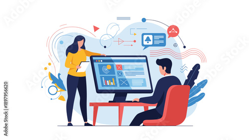 Woman and man collaborate on a digital project while analyzing charts and graphs on a large desktop computer monitor.