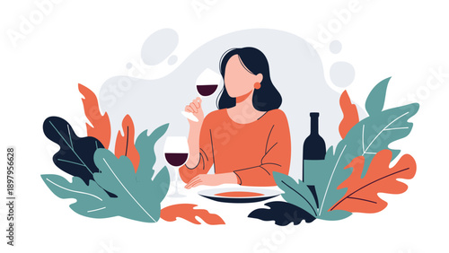 Elegant woman enjoys a glass of red wine while sitting at a table surrounded by colorful stylized tropical leaf patterns.