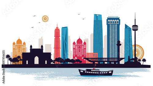 Vibrant skyline of a modern Indian city featuring iconic landmarks, historical architecture, and a boat on the water.