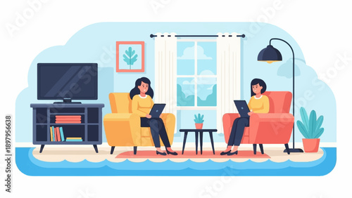 Two people relaxing indoors on comfortable chairs with laptops