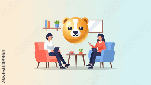 Two people sit in comfortable chairs in a modern living room with a cute dog face