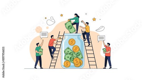 Motivated team of people works together to save money by putting coins and bills into a giant glass jar using ladders.