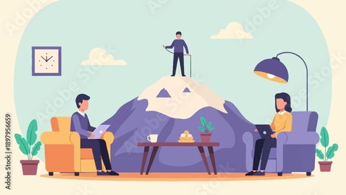 Two people work on laptops in a living room with a mountain climber on a mountain