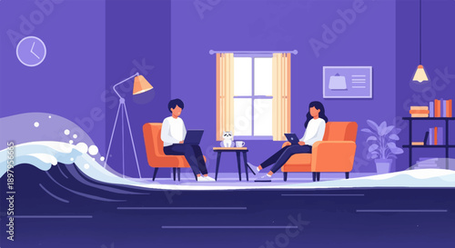 Two people work on laptops in a living room with a large wave