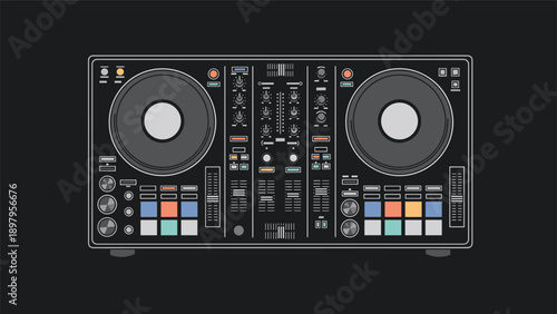 Detailed top view illustration of a modern DJ controller mixing deck with various knobs, buttons, and turntable platters.