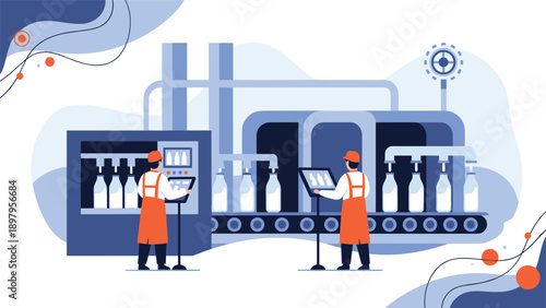 Factory workers in safety uniforms monitor an automated milk bottling production line inside a modern food processing plant.