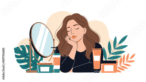 Relaxed woman sits at a vanity table with a mirror and various skincare beauty products surrounded by tropical leaves.