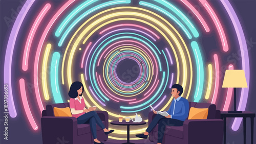 Two people relax in plush armchairs, reading books amidst vibrant, concentric neon light rings