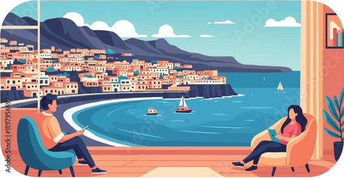 Two people relaxing indoors with a beautiful coastal town view