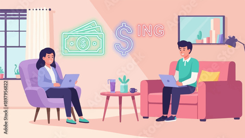 Two people work on laptops in a living room with neon money sign