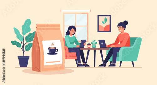 Two people work on laptops at a table with coffee and plants