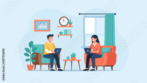 Two people sitting on couches, working on laptops in a cozy living room