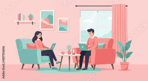 Two people work on laptops in a living room with pink and teal decor