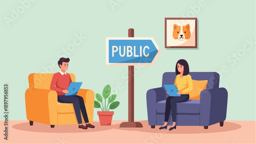 Two people sit in separate chairs, each using a laptop, with a "PUBLIC" sign nearby
