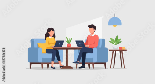 Two people sit on a blue sofa using laptops, with plants and books nearby