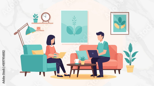 Two people work on laptops in a living room with plants and art (1)