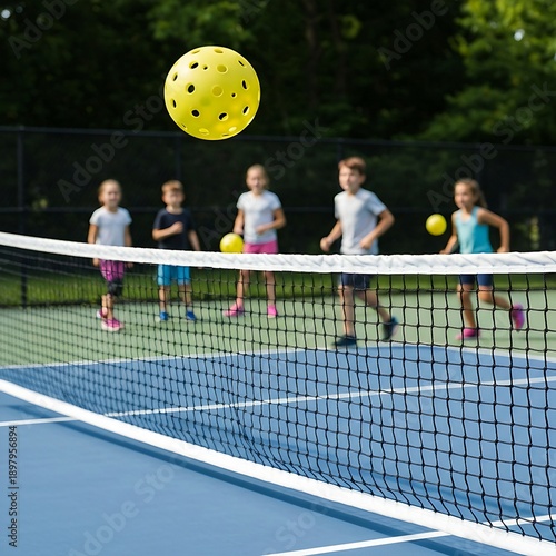 A bright yellow pickleball flying over a net on a dedicated outdoor pickleball court, with children playing in the blurred background, highlighting youthful recreation.