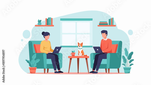 Two people work on laptops at home with a dog and plants