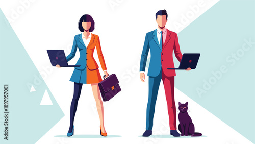 Stylized business professionals standing with laptops and a briefcase while a cat sits beside the man in a modern design.