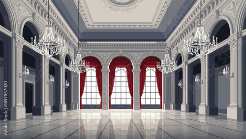 Luxurious ballroom interior features grand classical columns, polished floors, and elegant crystal chandeliers under a vaulted ceiling.