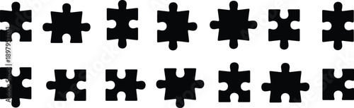 Set of black puzzle piece silhouettes isolated on white background, jigsaw collection vector icons for business solution and teamwork concept. (20 words)