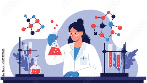 Female researcher in a laboratory setting carefully examines a chemical solution in a flask surrounded by complex molecular structures.