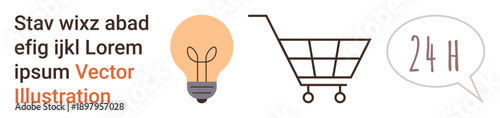 E-commerce, innovation, online retail, shopping hours, business operations, marketing concepts. Light bulb, shopping cart 24 H speech bubble icons. E-commerce and innovation