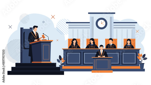 Legal proceeding in a courtroom displays a judge presiding from the bench with several lawyers and court staff present for a trial.