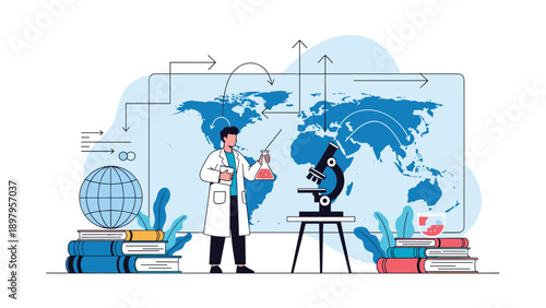 Professional scientist in a white lab coat stands before a global map while conducting research with a microscope and textbooks.
