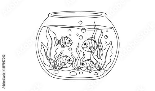 Aquarium with Fish Coloring Book Vector Illustration