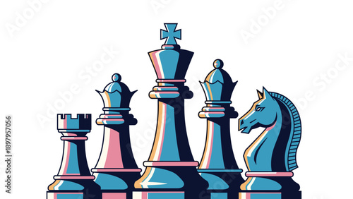 Set of stylized chess pieces including the king, queen, rook, and knight stand together representing strategic thinking and competition.
