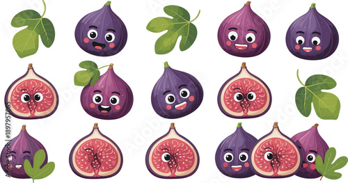 Set of cute purple fig fruit characters with happy faces, sliced and whole cartoon figs with green leaves, vector illustration. (20 words)