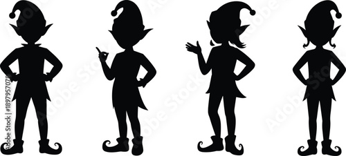 Set of Christmas elf silhouettes in different poses, black garden gnome vector icons, holiday fairytale character isolated on white background. (20 words)