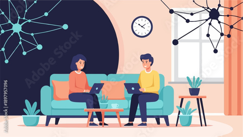 Two people sit on a couch, each using a laptop, in a modern room