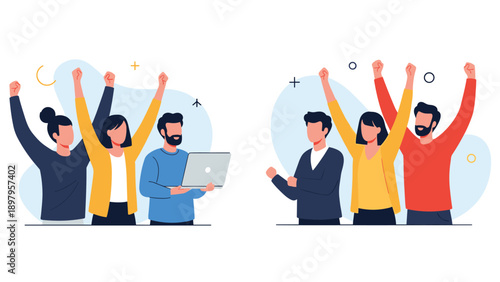 Diverse groups of happy office professionals cheering and raising their hands in celebration of a successful team achievement and business success.