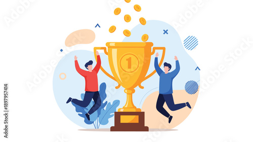 Triumphant team of two people jumping for joy next to a giant gold trophy with falling coins celebrating a significant business or sports victory.