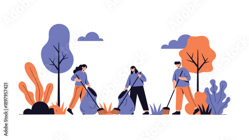 Group of volunteers working together to clean up a city park by sweeping leaves and picking up trash for environmental protection and community.