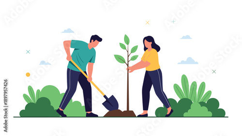 Young man and woman working together to plant a small tree in the garden as part of an environmental reforestation or ecology project.