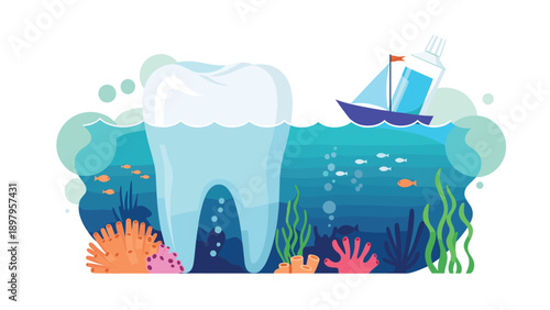 Creative dental hygiene illustration showing a healthy tooth in a deep ocean with coral reefs and a tube of toothpaste on a small sailing boat.