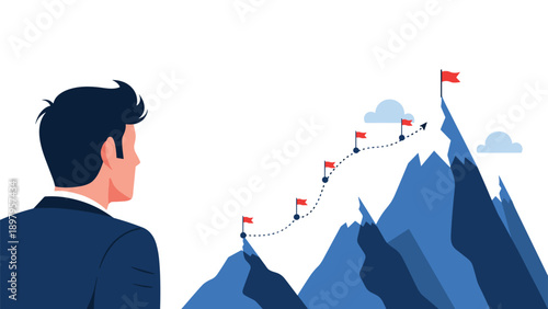 Businessman looking at mountain peaks with red flags representing milestones and a successful path toward reaching corporate goals.